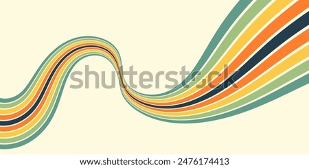 Abstract colorful 70s background vector. Vintage retro wallpaper with rainbow stripes and wavy lines. A 1970 color illustration suitable for posters, banners, decorative items and wall art.