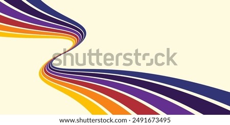 Abstract colorful 70s background vector. Vintage retro wallpaper with rainbow stripes and wavy lines. A 1970 color illustration suitable for posters, banners, decorative items and wall art.