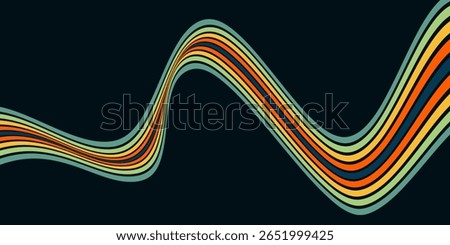 Abstract colorful 70s background vector. Vintage retro wallpaper with rainbow stripes and wavy lines. A 1970 color illustration suitable for posters, banners, decorative items and wall art.