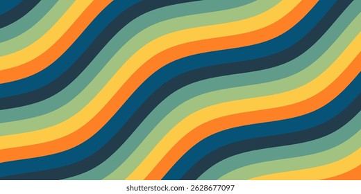 Abstract colorful 80s background vector. Vintage retro wallpaper with rainbow stripes and wavy lines. A 1970 color illustration suitable for posters, banners, decorative items and wall art.