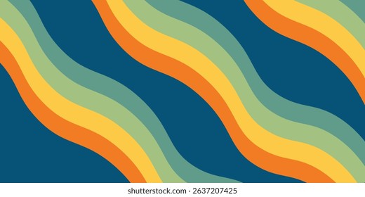 Abstract colorful 80s background vector. Vintage retro wallpaper with rainbow stripes and wavy lines. A 1970 color illustration suitable for posters, banners, decorative items and wall art. Vector.
