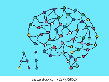 Abstract colorful AI brain. Plexus neural network. AI, deep learning technologies concept. Hand drawn artificial mind. Vector illustration