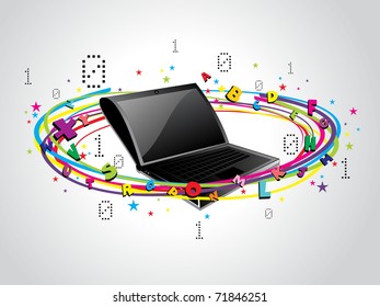 abstract colorful alphabet, digits background with laptop