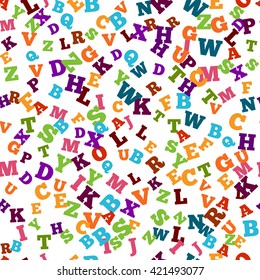 Abstract colorful alphabet seamless ornament pattern isolated on white background. Vector illustration for bright education, writing, poetic design. Random letters fly. Book concept for grammar school