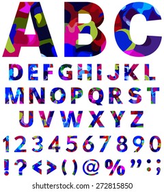 Abstract colorful alphabet from A to Z with numbers and punctuation marks