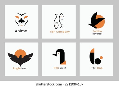 Abstract colorful animal dynamic logo design icon set and fish, bird, penguin concept on yellow white background