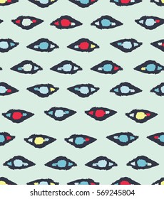 Abstract colorful artistic background with hand drawn eye symbols. Irregular repeating texture in trendy indie style perfect for prints, wrapping paper and wallpaper. Vector seamless pattern.