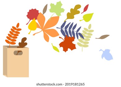 Abstract colorful autumn leaves flying out of the bag. Cartoon vector illustration.