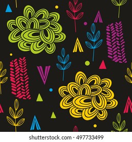 Abstract and colorful autumn seamless pattern. Vector background.