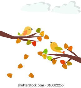 Abstract colorful autumn tree, template for card, autumn background with cite birds