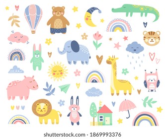 Abstract colorful baby doodles set. Baby animals fabric pattern. Vector illustration with cute animals. Nursery baby pattern. Bundle of geometric, hand-drawn vector illustrations.