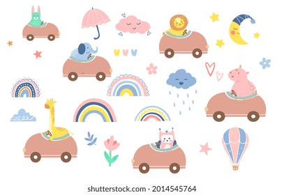 Abstract colorful baby doodles set. Design elements in form of animals for printing on fabrics. Stickers with animals on cars. Cartoon cute flat vector illustration isolated on white background