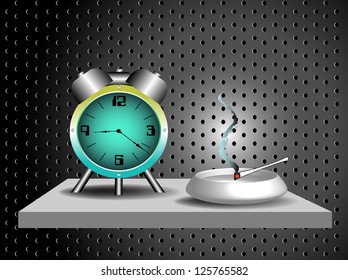 Abstract colorful background with alarm clock and ashtray on a shelf near a metallic wall