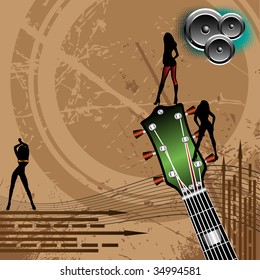 Abstract colorful background with arrows, female silhouettes, loudspeakers and guitar head with tuners. Colored illustration for concerts or parties