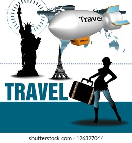 Abstract colorful background with an attractive woman preparing for travel, various landmarks and a white blimp on which is written the word travel. Travel theme