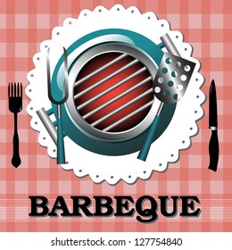 Abstract colorful background with barbecue grill on a table with fork and knife