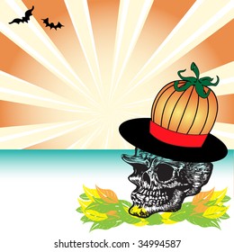 Abstract colorful background with bat silhouettes and smiling skull wearing a pumpkin hat. Halloween theme
