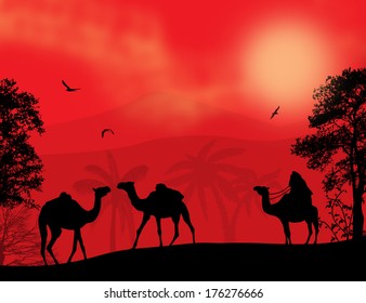 Abstract colorful background with Bedouin and camels during the red night , vector illustration