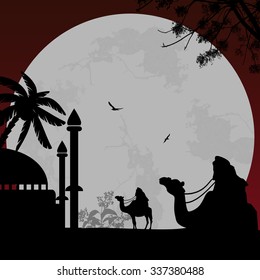Abstract colorful background with bedouins riding camel and  mosque at red night