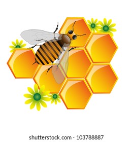 Abstract colorful background with bee standing on honeycomb cells and a few yellow flowers
