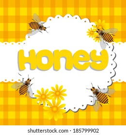 Abstract colorful background with bees among yellow flowers and the word honey written with yellow letters in the middle of the image
