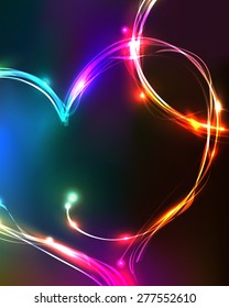 abstract colorful background with a big shiny heart and vibrant light effects.