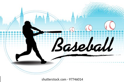 Abstract colorful background with black baseball player silhouette training and hitting some balls far away