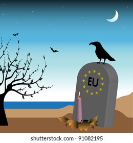 Abstract colorful background with a black crow standing on the tombstone of the European Union. Europe crisis theme