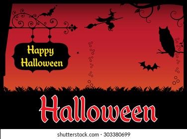Abstract colorful background with a black plate with the text Happy Halloween and a witch flying on a broom in front of a creepy red sky. Halloween theme