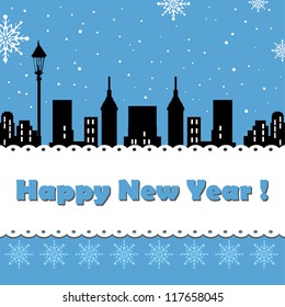 Abstract colorful background with black skyscraper silhouettes and snowflakes falling over the city. New Year theme