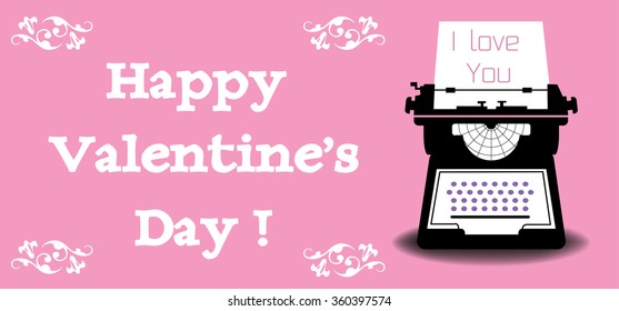 Abstract colorful background with black typing machine with a love letter inside and the text Happy Valentine's Day written with white letters