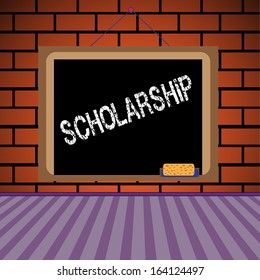 Abstract colorful background with a blackboard hanging on a brick wall and the text scholarship written on the blackboard