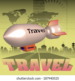 Abstract colorful background with blimp flying over the word travel written with capital letters