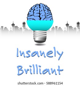 Abstract colorful background with a blue brain coming out from a light bulb and the text insanely brilliant written in blue