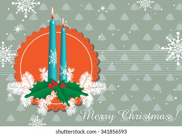 Abstract colorful background with blue candles, mistletoe, white fir branches and the text Merry Christmas written bellow with handwritten letters