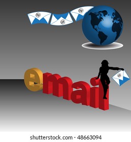 Abstract colorful background with blue earth globe, and a female silhouette standing on the word email written with huge letters. Email concept