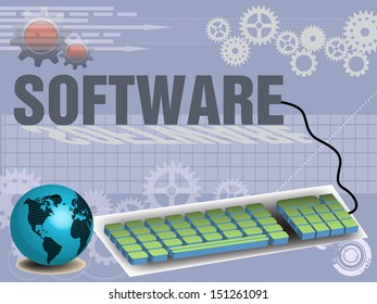 Abstract colorful background with blue globe, gears and computer keyboard connected to the word software