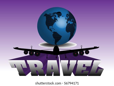 Abstract colorful background with blue globe and black plane shape flying over the word travel. Travelling theme