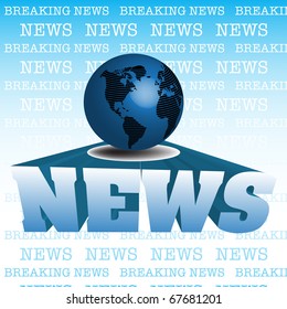 Abstract colorful background with blue globe standing on the word news written with capital letters. Global news rubber stamp