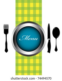 Abstract colorful background with blue plate, fork, knife and spoon. Menu design