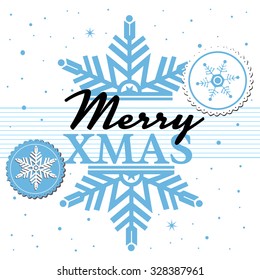 Abstract colorful background with blue snowflake split in two and the text Merry Xmas written in the middle