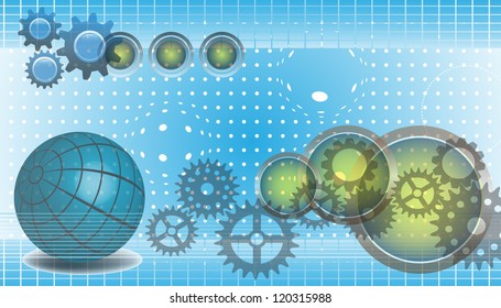Abstract colorful background with blue sphere, cogwheels and various futuristic elements. High tech background concept