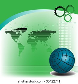 Abstract colorful background with blue sphere, cogwheels and worldmap shape. High tech concept
