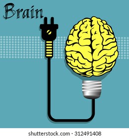 Abstract colorful background with a brain as a light bulb, connected to a plug with two pins