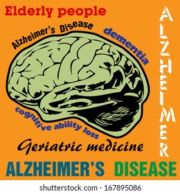 Abstract colorful background with brain shape and various words related to the Alzheimer's disease