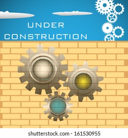 Abstract colorful background with brick wall, gears and the text under construction written above the wall