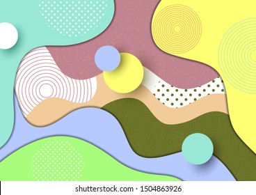Abstract colorful background with bright colored wave paper cut shapes concept, circles, lines and dots. Template for design layout for presentation, flyer, poster, banner. Vector illustration
