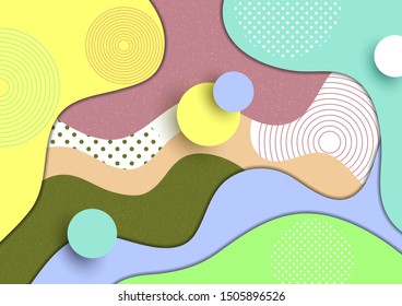 Abstract colorful background with bright colored wave paper cut shapes concept, circles, lines and dots. Template for design layout for presentation, flyer, poster, banner. Vector illustration