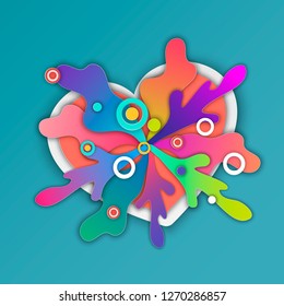 Abstract colorful background. Bright multicolored paper splashes fly out of the paper heart. Vector illustration in paper cut art style.