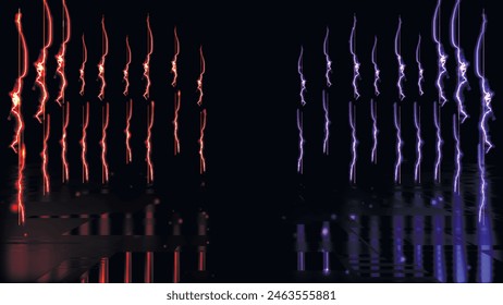 Abstract colorful background with bright neon rays and glowing lines. Wet asphalt, night view. Bright reflection on the concrete floor. Night empty stage, studio. Dark abstract background. 3D vector.